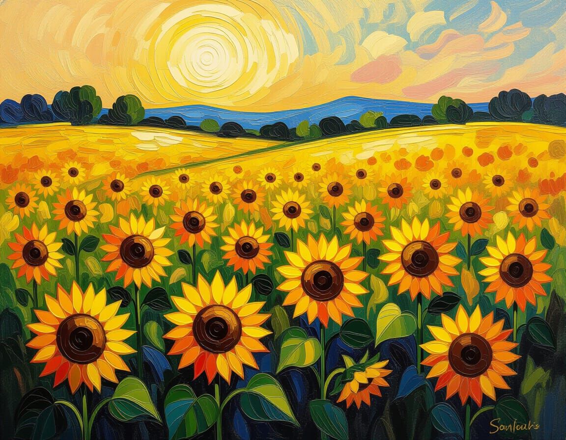 Sunflowers in Meadow: Neo-Impressionist Golden Hour