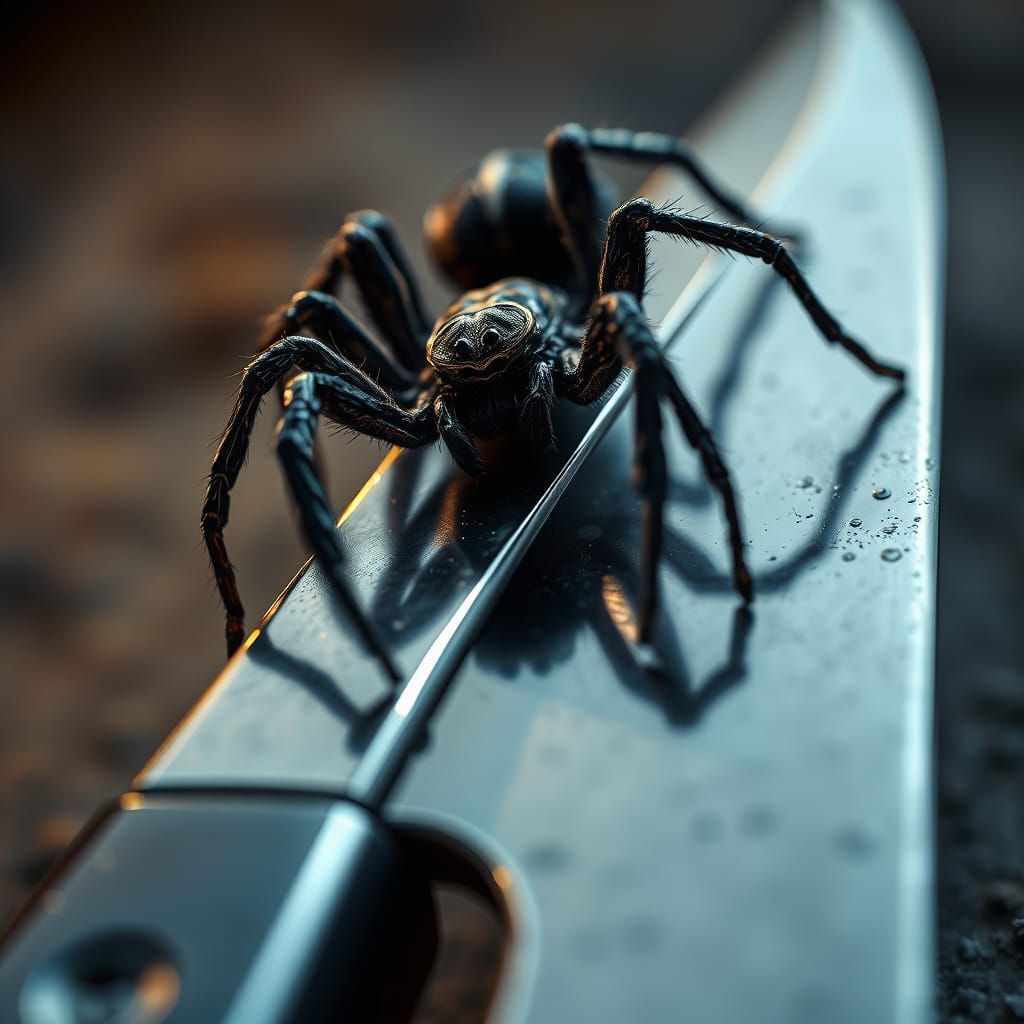Photorealistic Spider Perched on Metallic Knife