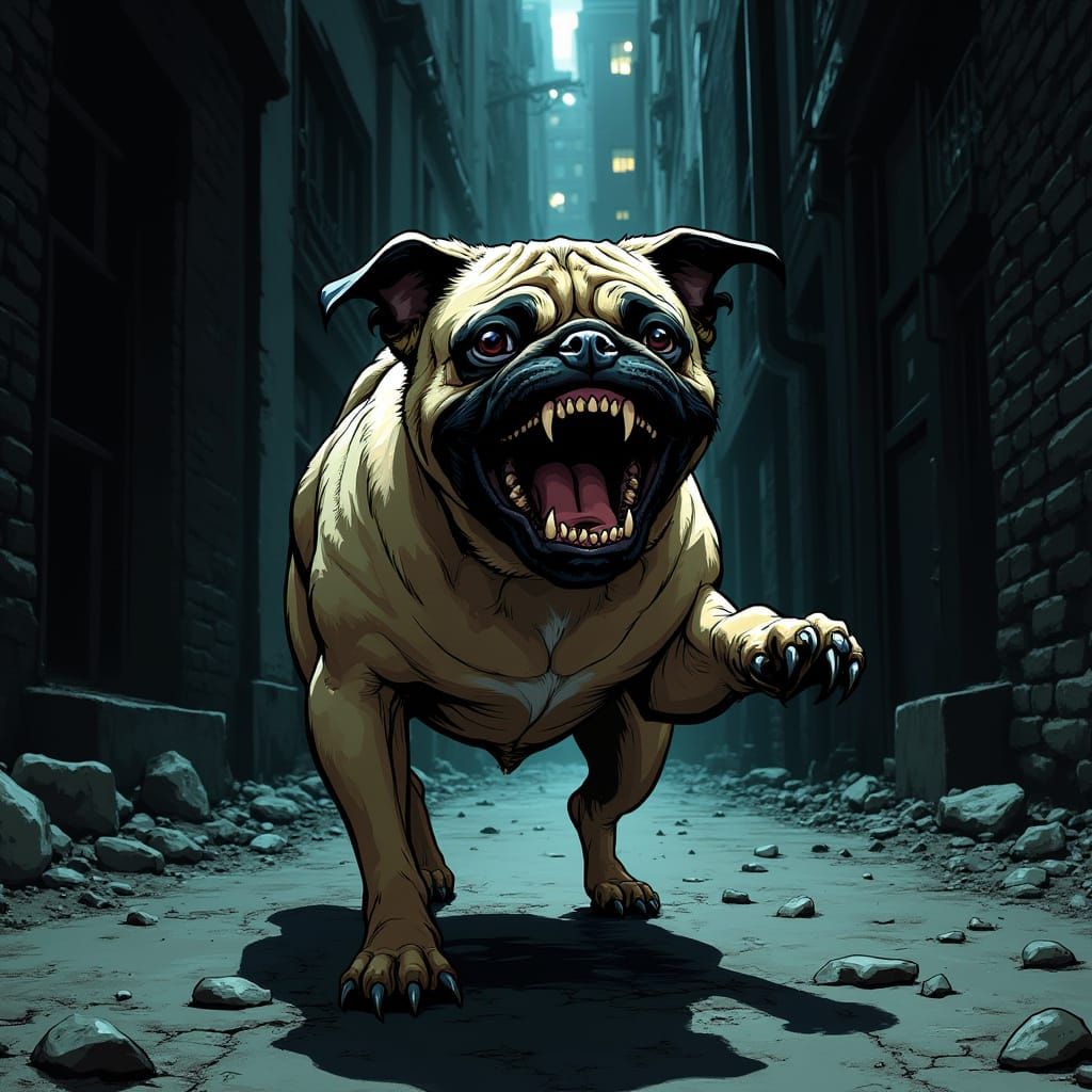 Ferocious Pug Guarding Alleyway in Comic Book Style