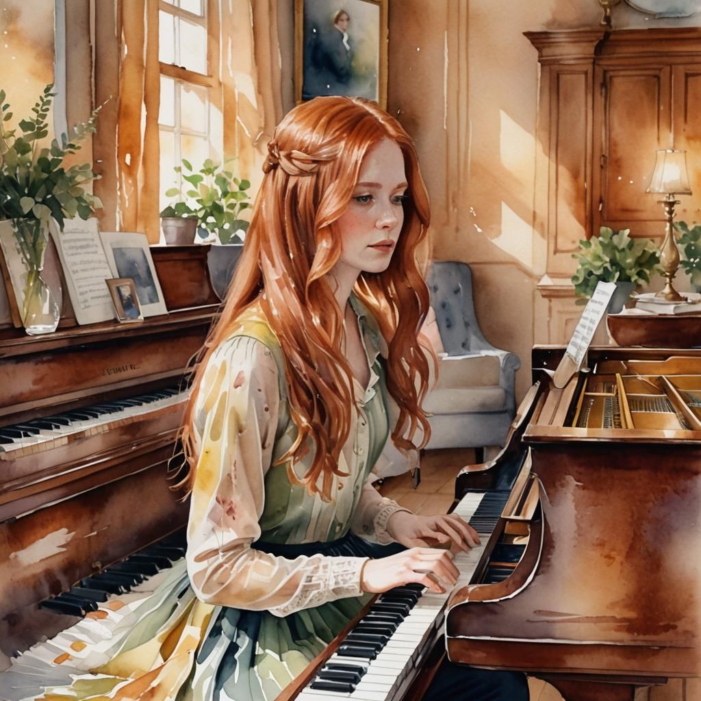 Red-Haired Girl Plays Piano in Watercolor Portrait