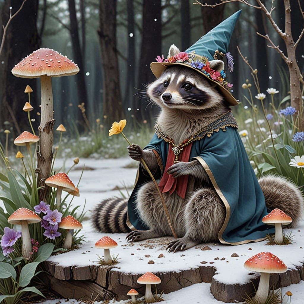 Mystical Raccoon Wizard Amidst Whimsical Mushrooms