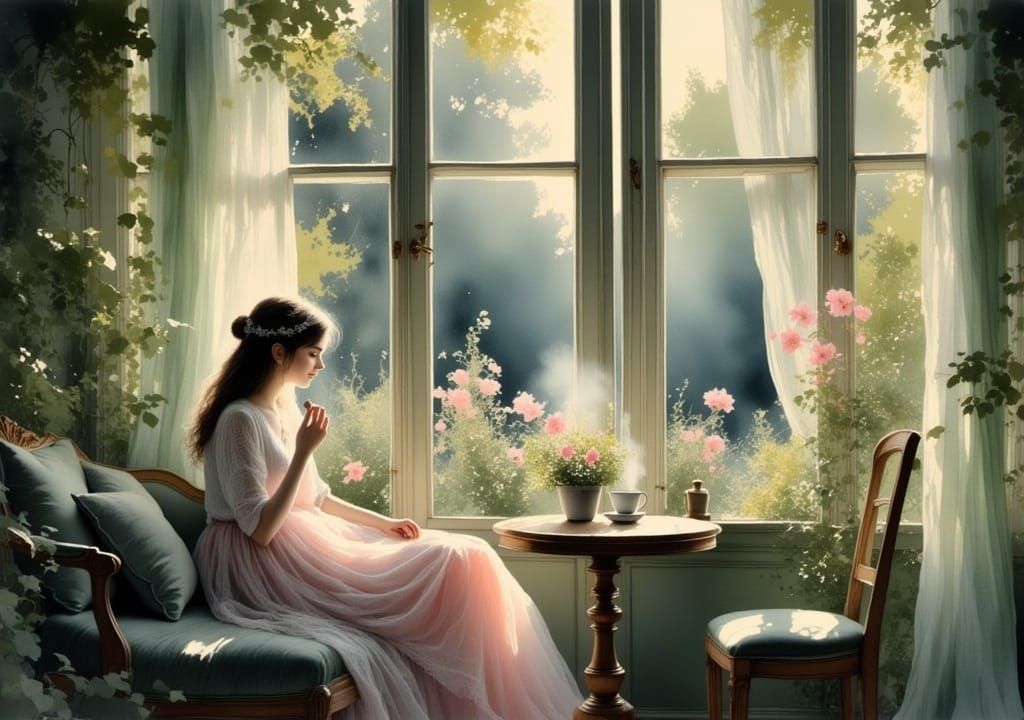 Greenhouse Serenity: Woman with Coffee in Floral Paradise