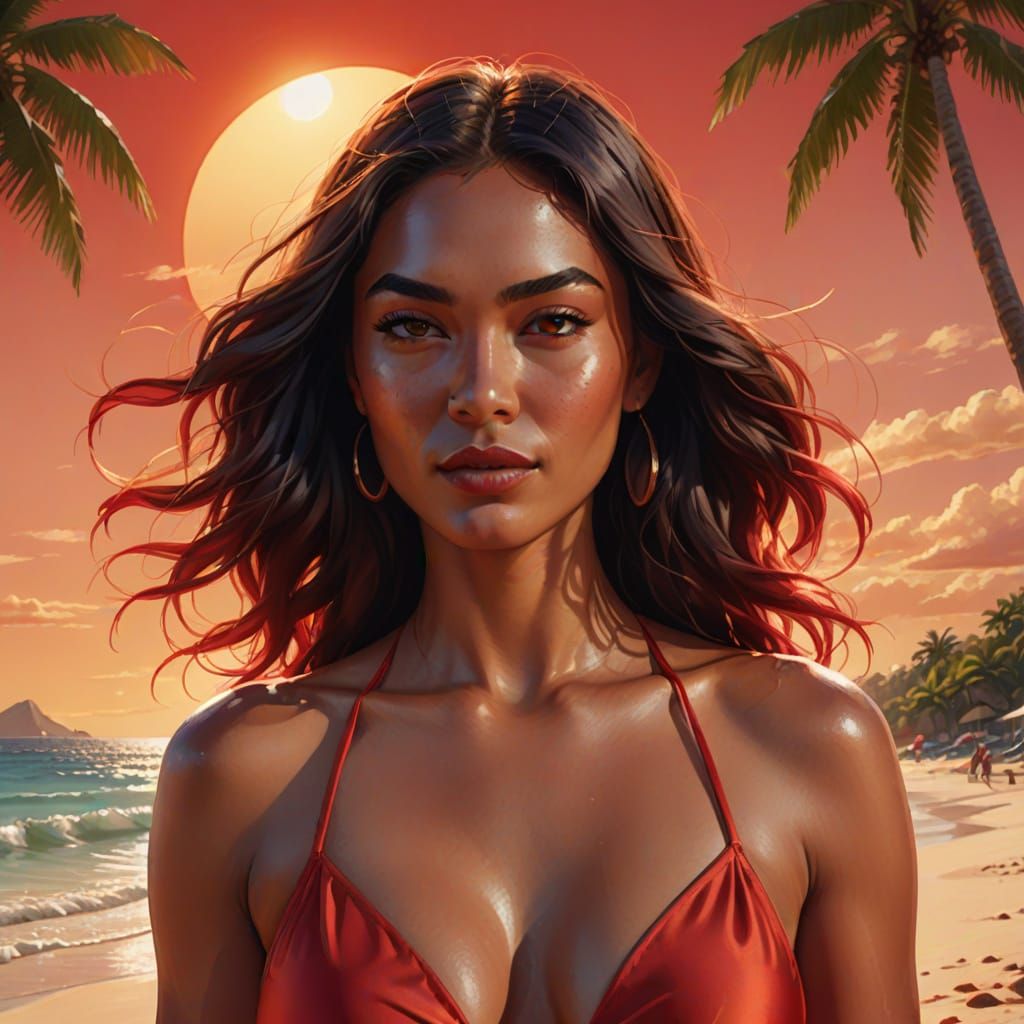 Woman in Red Bikini on Tropical Beach at Golden Hour