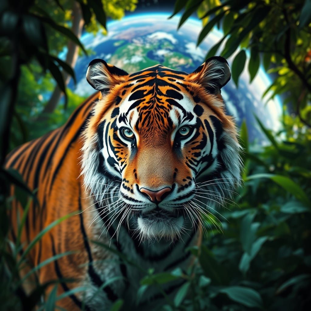 Tiger in Jungle with Earth Double Exposure Photo