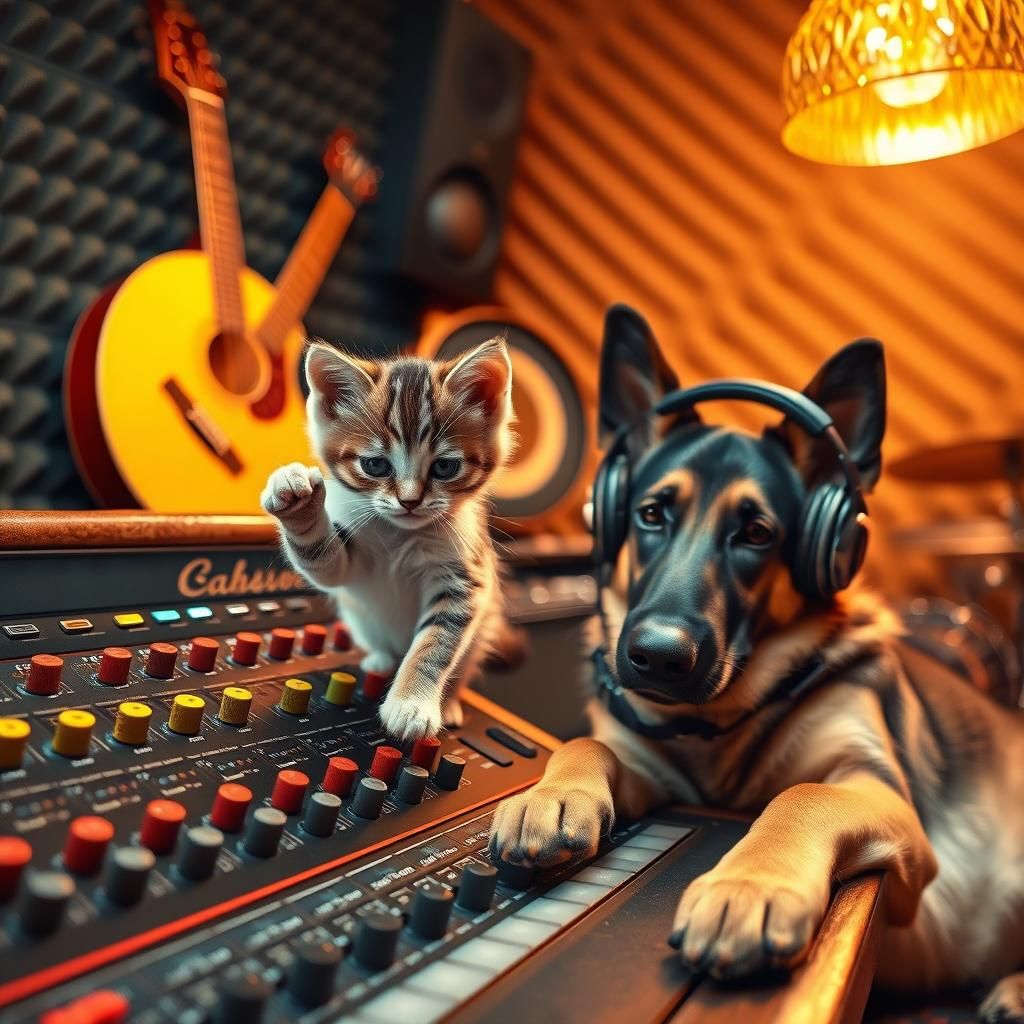 Kitten and German Shepherd in Music Studio