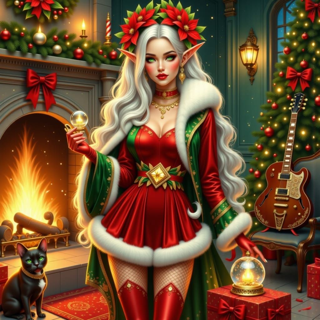 Elegant Elf Fashionista in Opulent Fantasy Christmas Scene