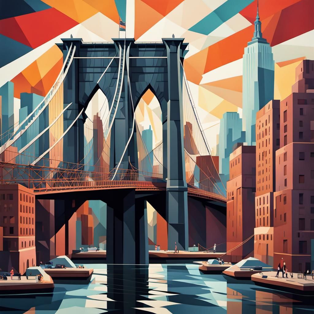 Cubist Brooklyn Bridge Over East River