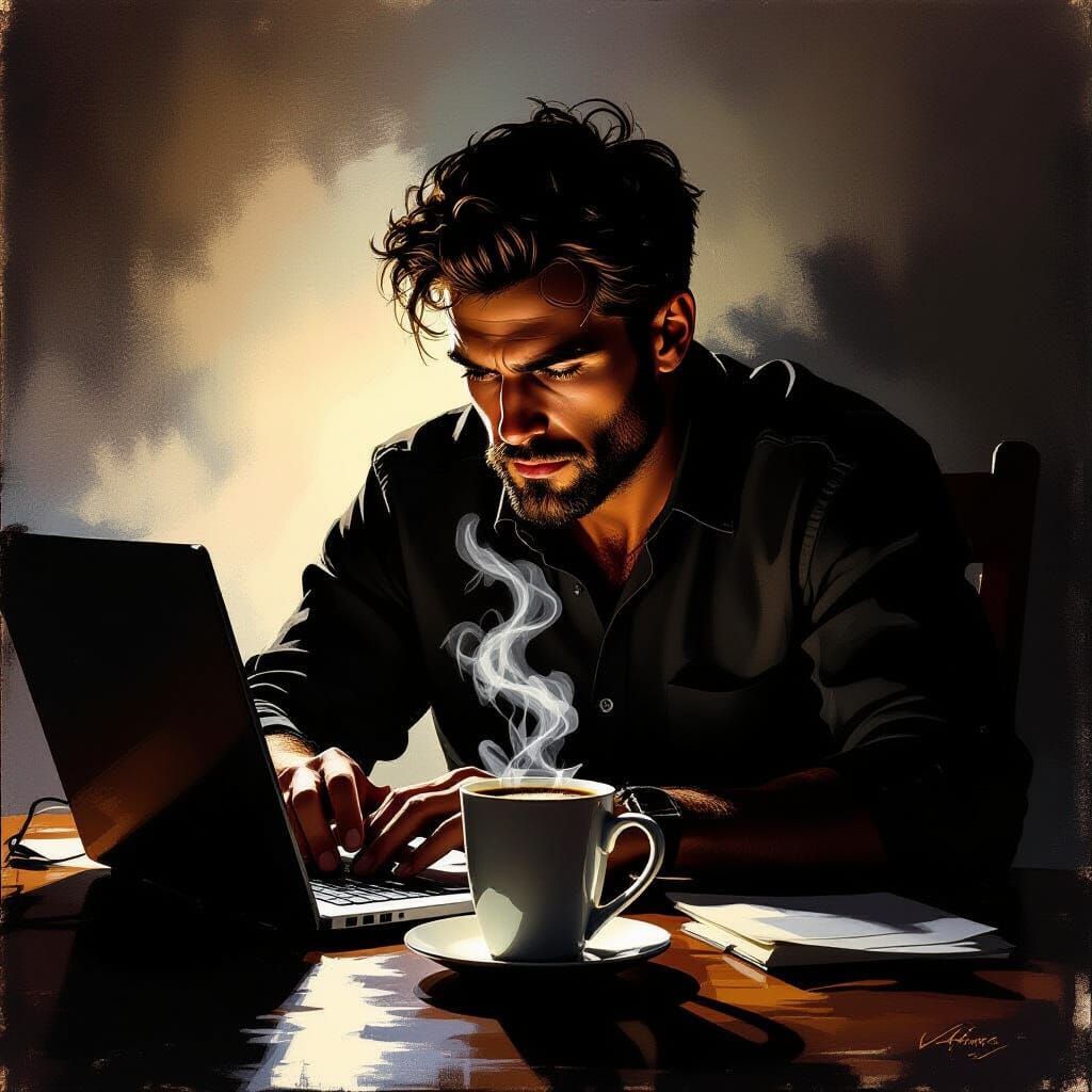 Man Working Late With Coffee, Dramatic Lighting