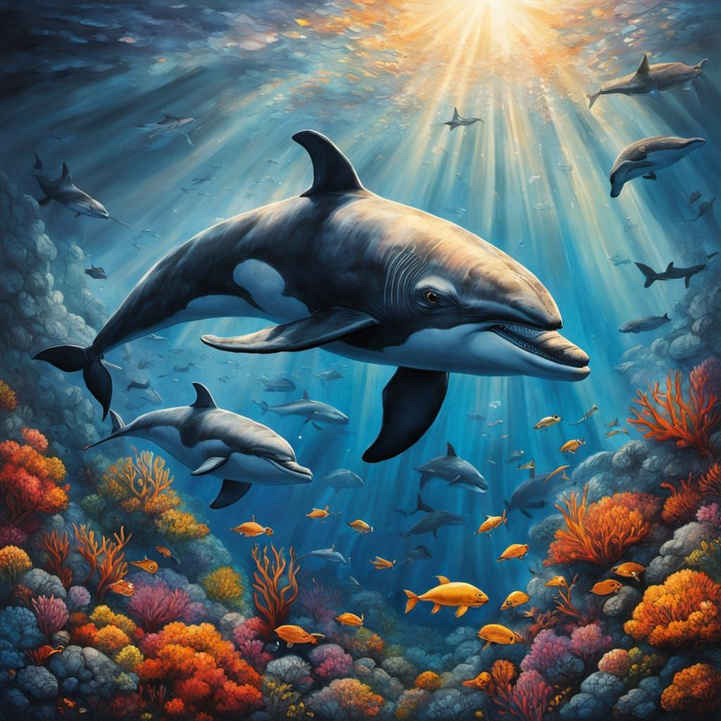 Diver, Dolphin, and Whale in Coral Reef: Impressionist Gouac...