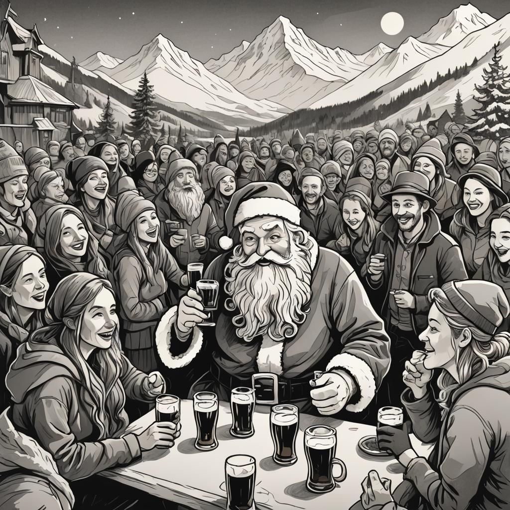 Santa's Après-Ski Party: A Black and White Line Drawing