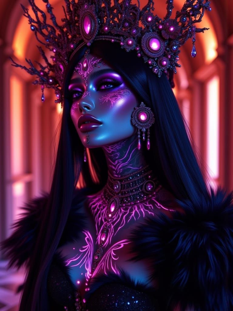 Neon Gothic Beauty in Fantasy Palace