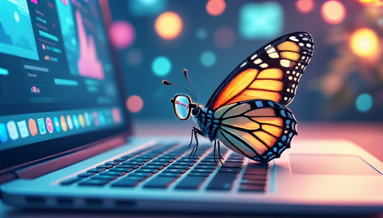 Confused Butterfly on Laptop in Whimsical Digital Art