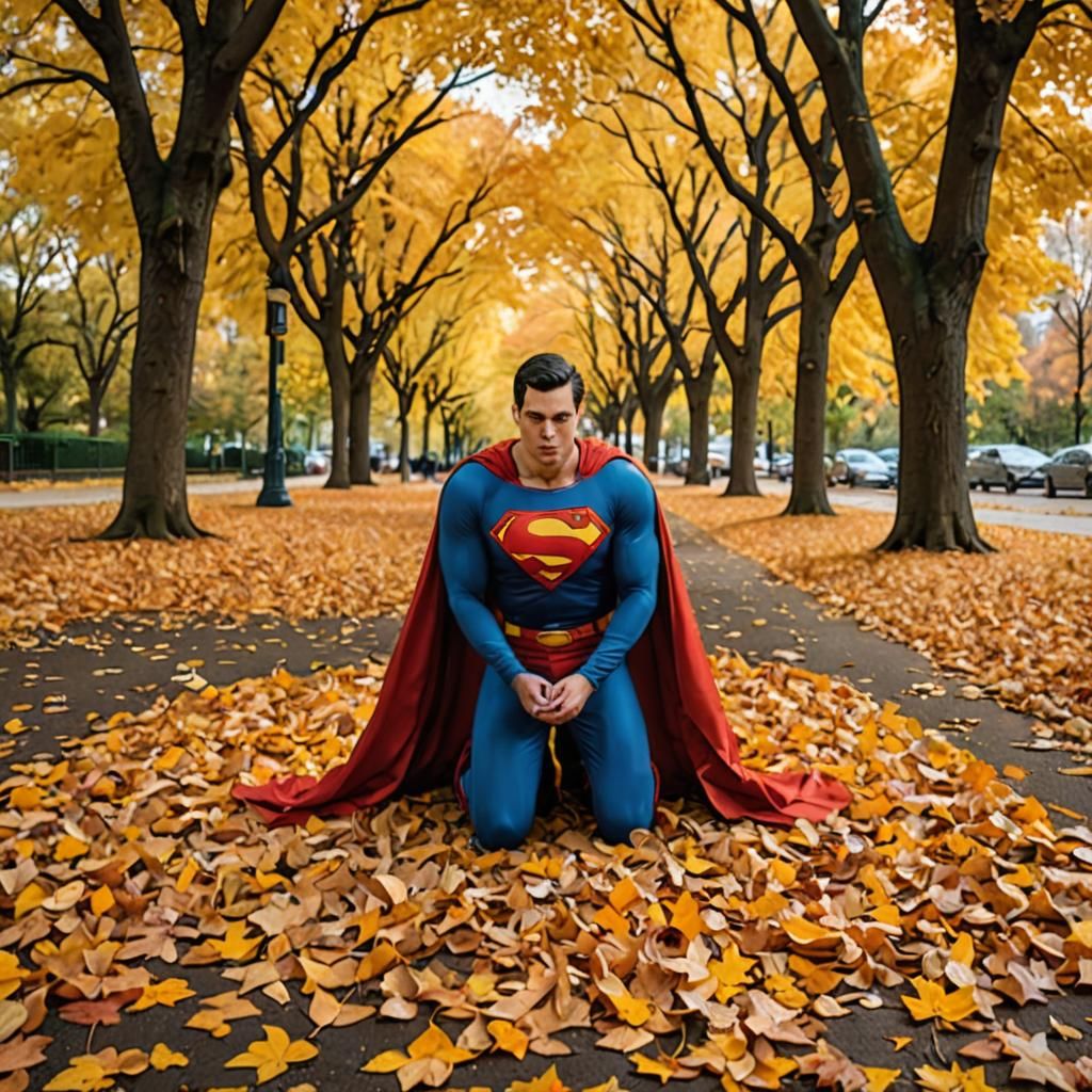Superman Kneeling in Autumn Leaves