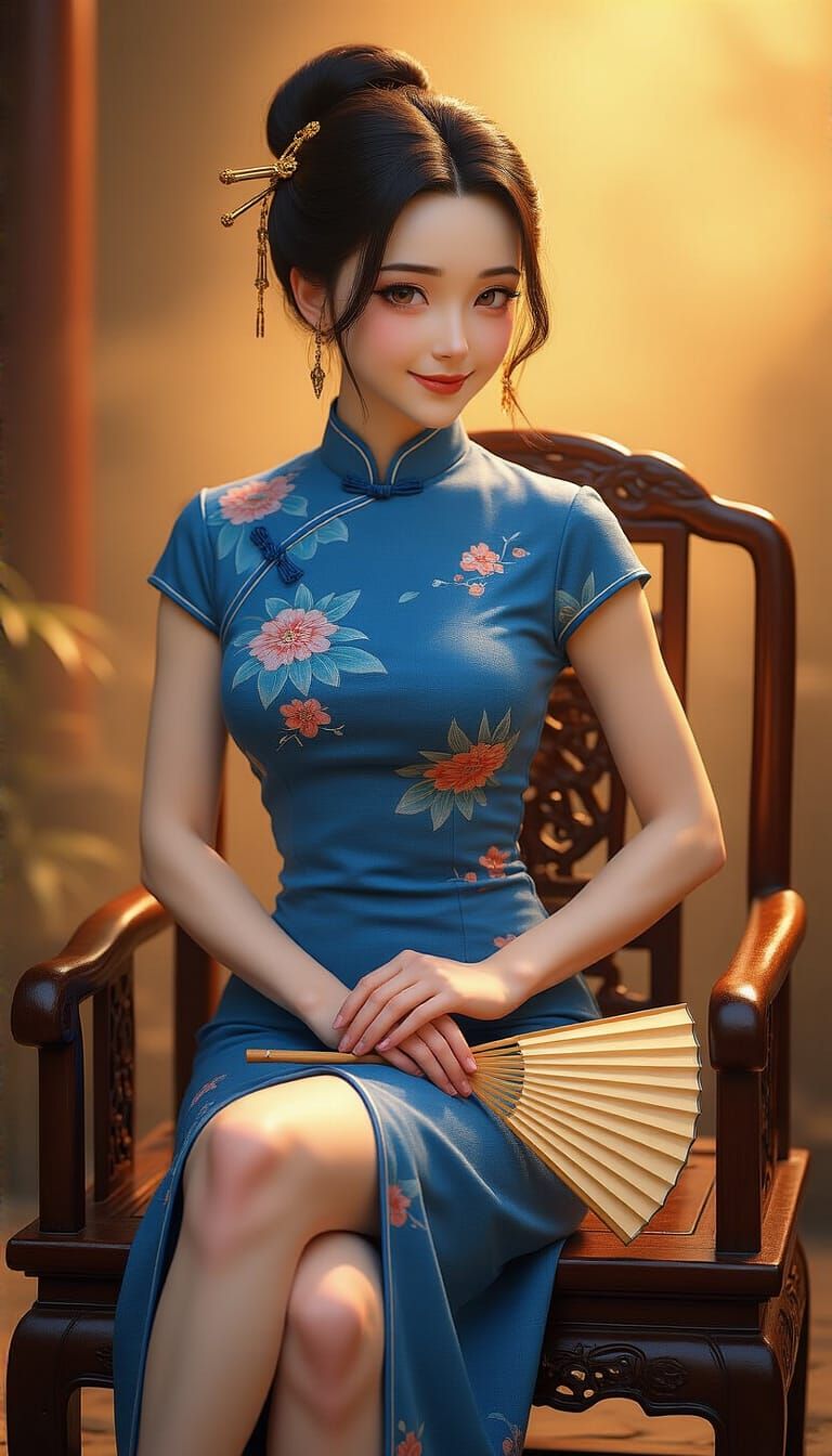 Chinese Woman in Cheongsam with Fan, Anime Art