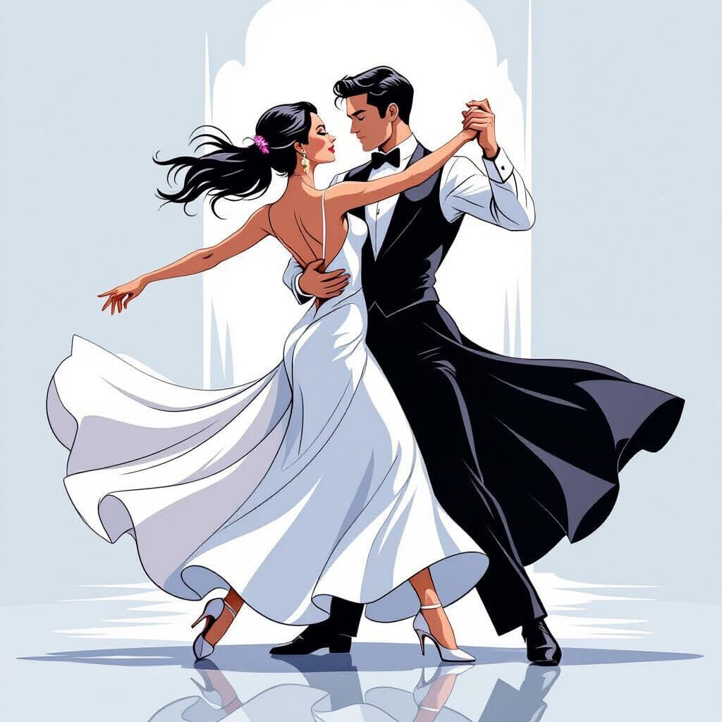 Minimalist Ballroom Dance Couple in Bold Black Outline