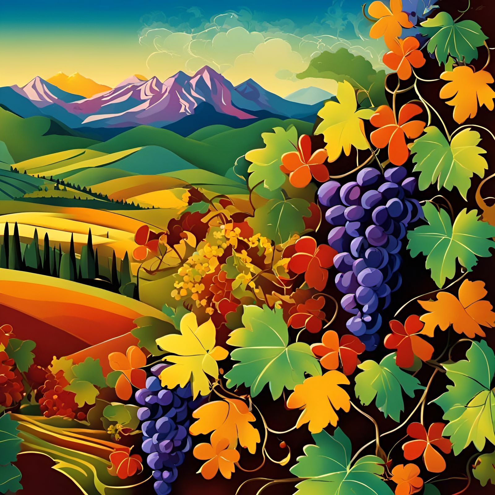 Colorful Grapes and Flowers with Mountain Backdrop