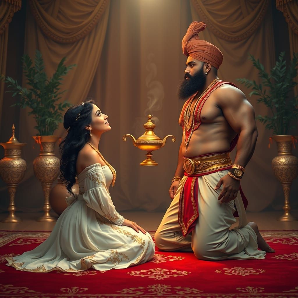 Golden Genie in Lavish Middle Eastern Setting