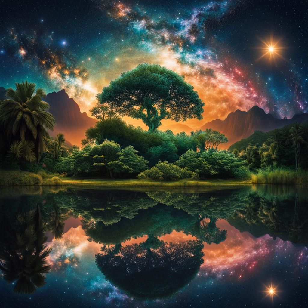 Surreal Island Oasis Dreamscape: Cosmic Double Exposure