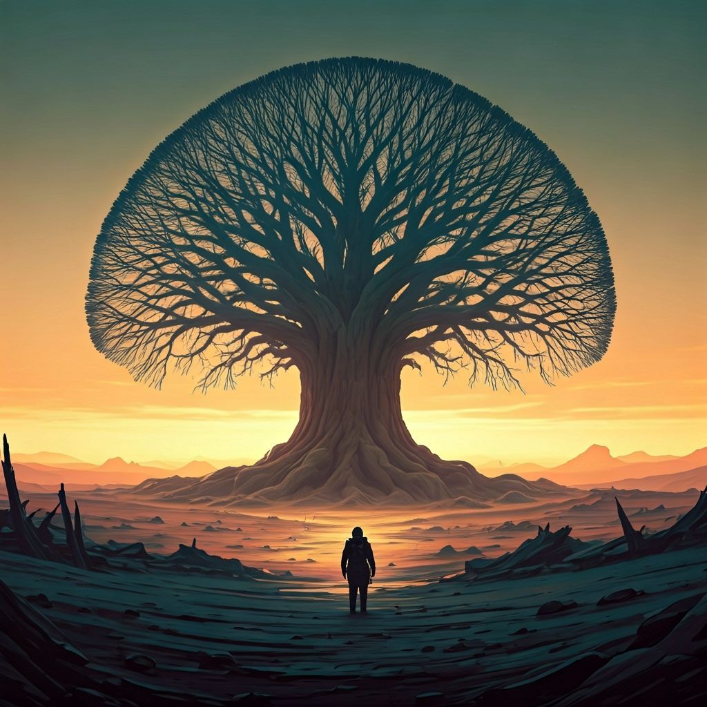 Wanderer Silhouetted Against Ancient Tree in Wasteland