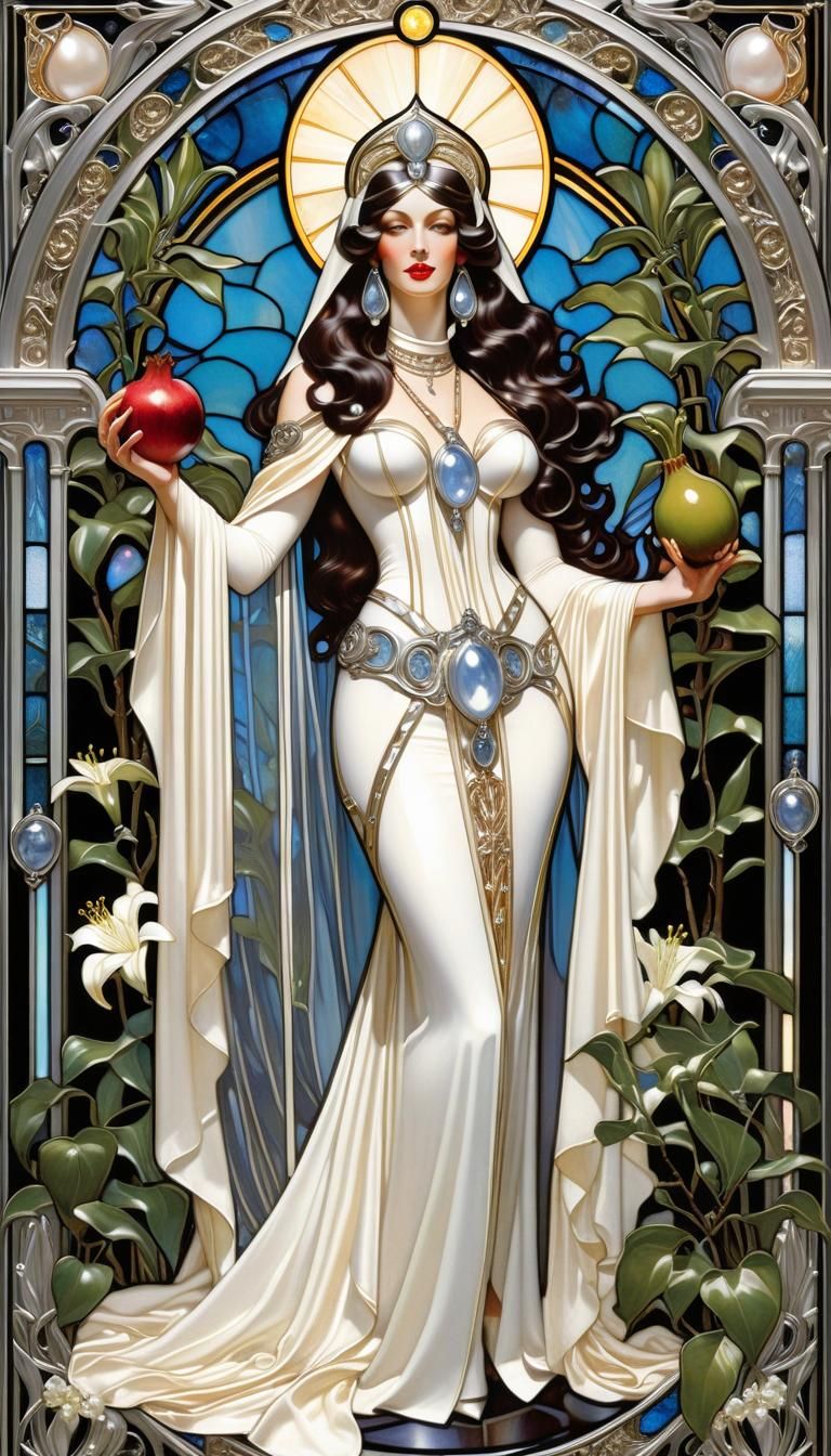 Stained-Glass High Priestess with Pomegranates