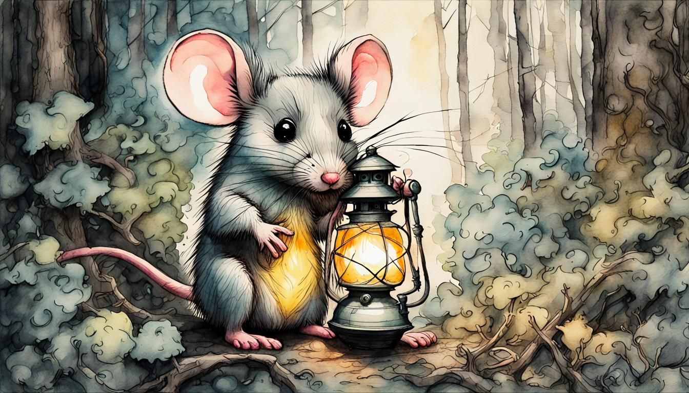 Mouse in Forest with Lantern: Watercolor Charcoal Art