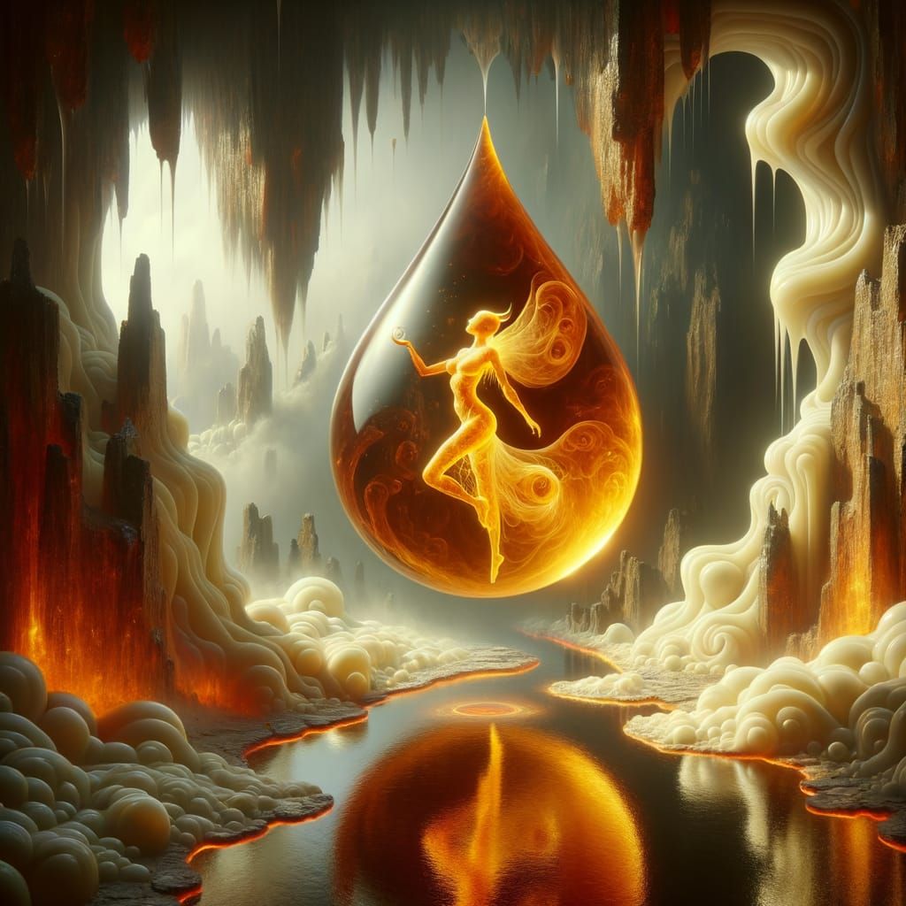 Honey Demon in Amber Fossil Canyon, Symbolist Oil Painting