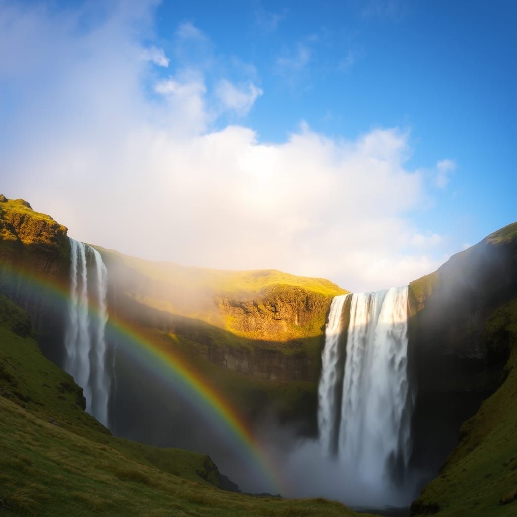 Waterfall with Rainbow Sky Reflection