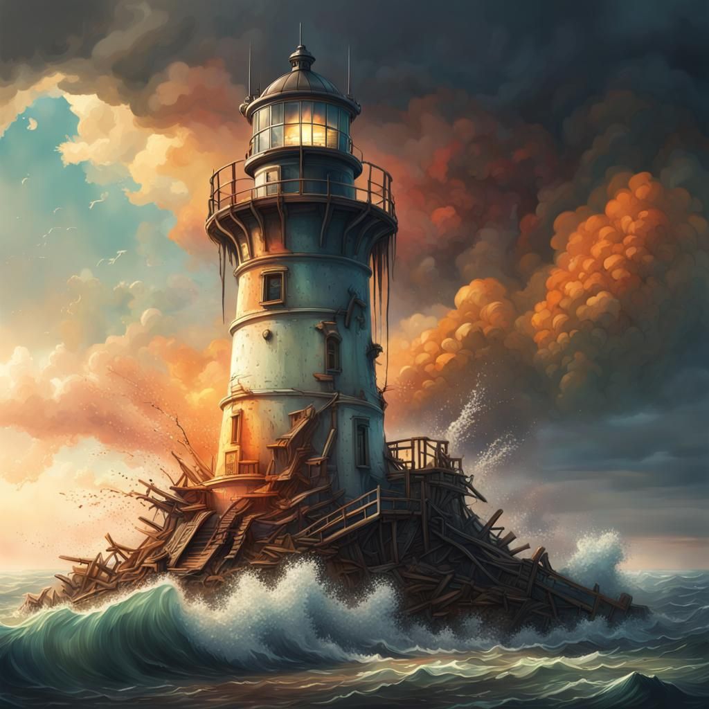 Post-Apocalyptic Lighthouse in Hyperrealistic Splash Art