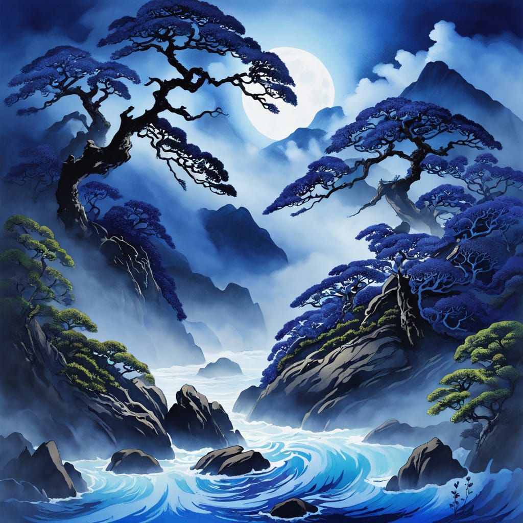 Dreamlike Japanese Garden with Iridescent Ink