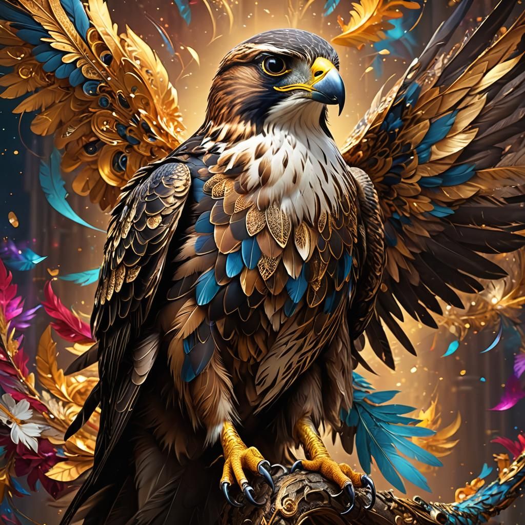 Golden Fractal Falcon of Joy: Hyperrealistic Splash Art