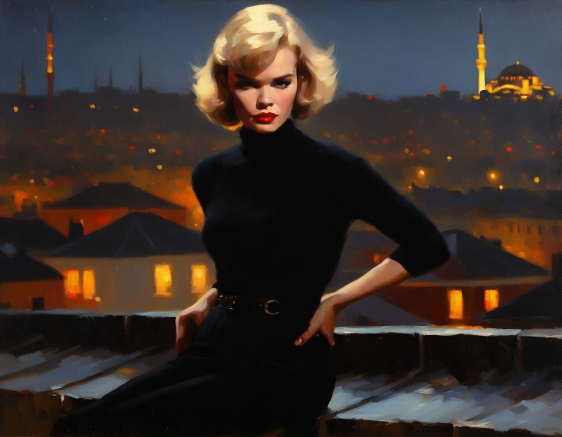 Woman on Istanbul Rooftop: Impressionistic Oil Painting
