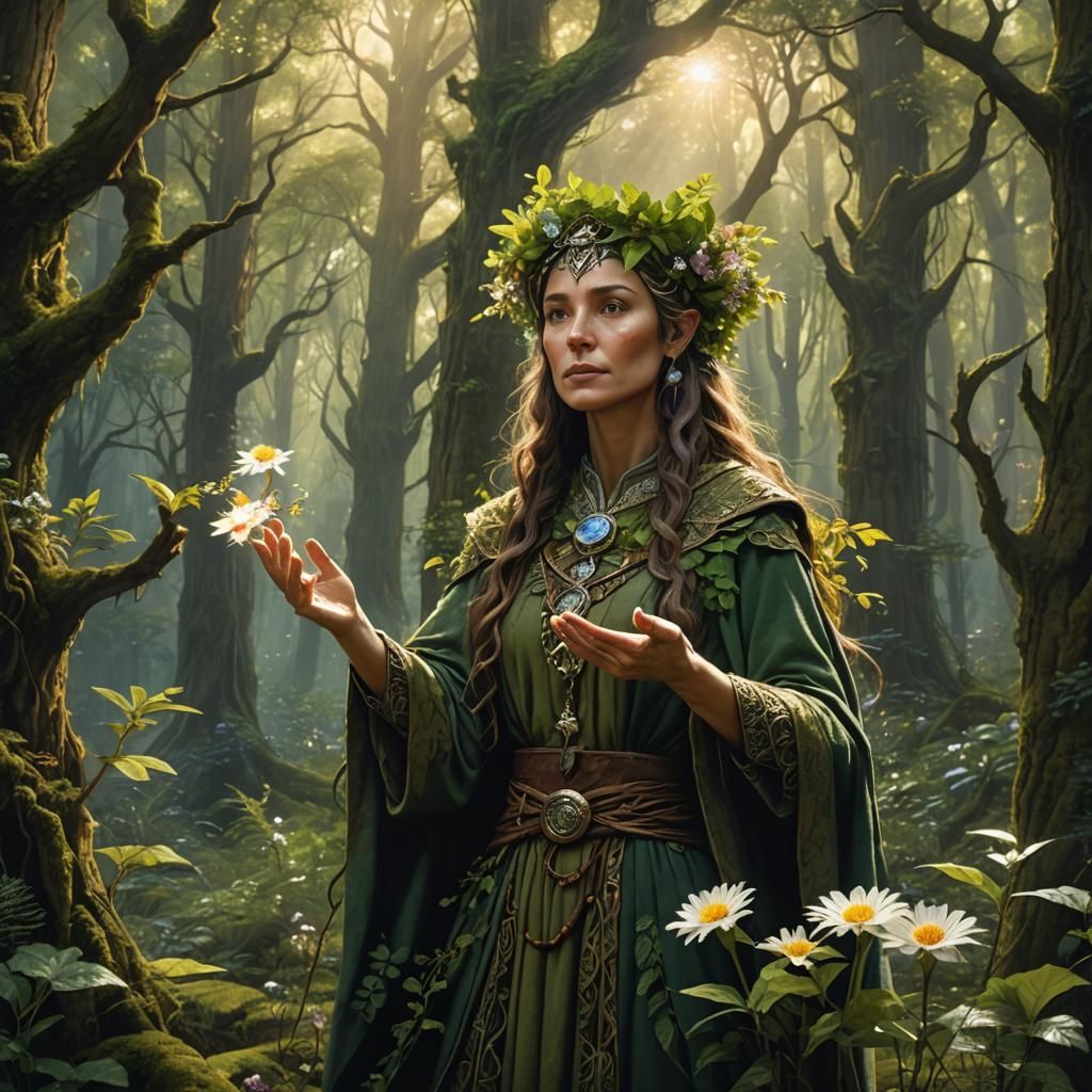 Female Druid Casting Spell in Enchanted Forest
