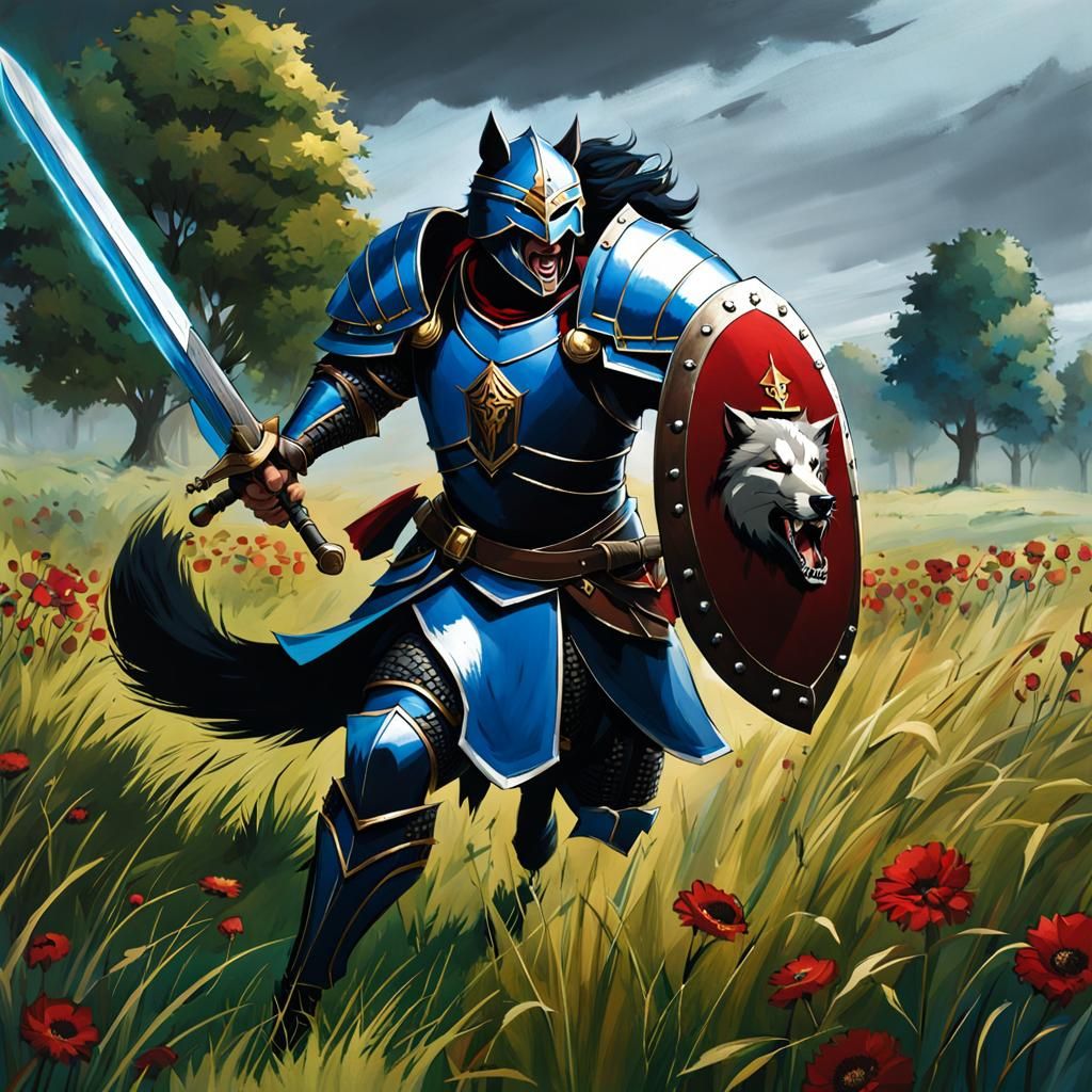 Armored Warrior Charging with Wolf Companion