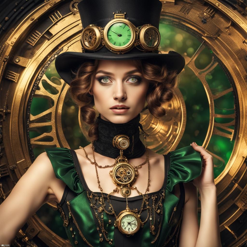 Steampunk Woman with Green Eyes in Gold and Black