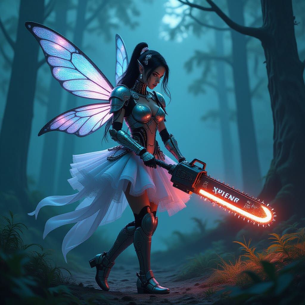 Cyborg Fairy with Chainsaw Sword in Biomechanical Style