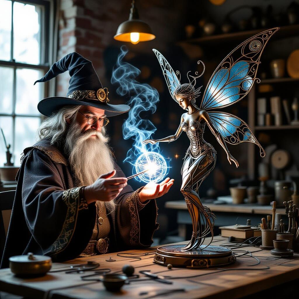 Steampunk Wizard Conjuring Metal Fairy Sculpture