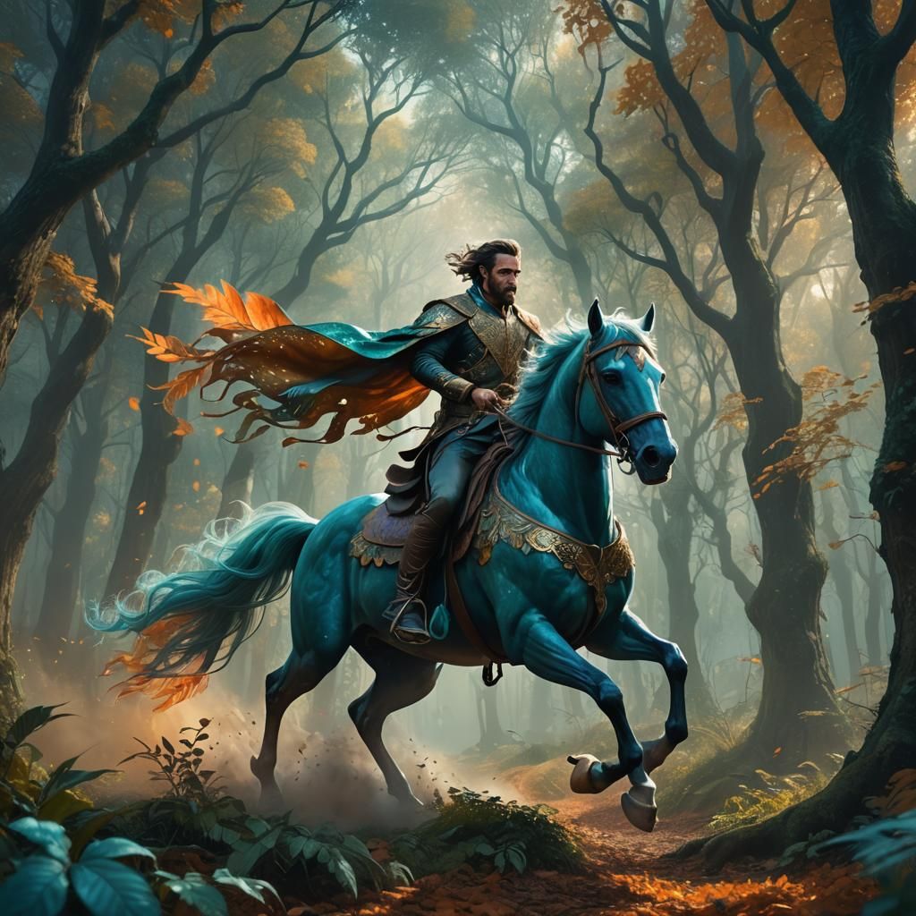 Man and Horse Gallop Through Mystical Forest