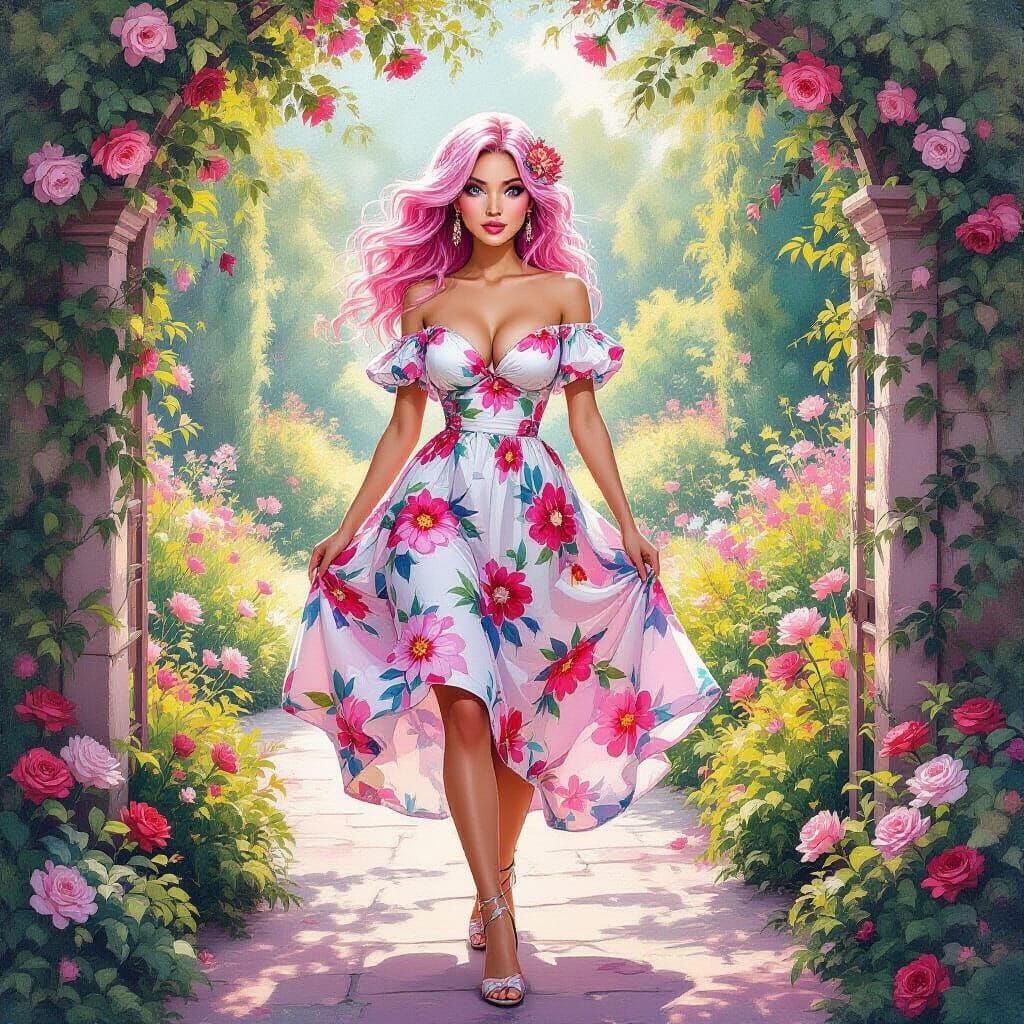 Whimsical Pink Haired Woman in Impressionist Flower Garden