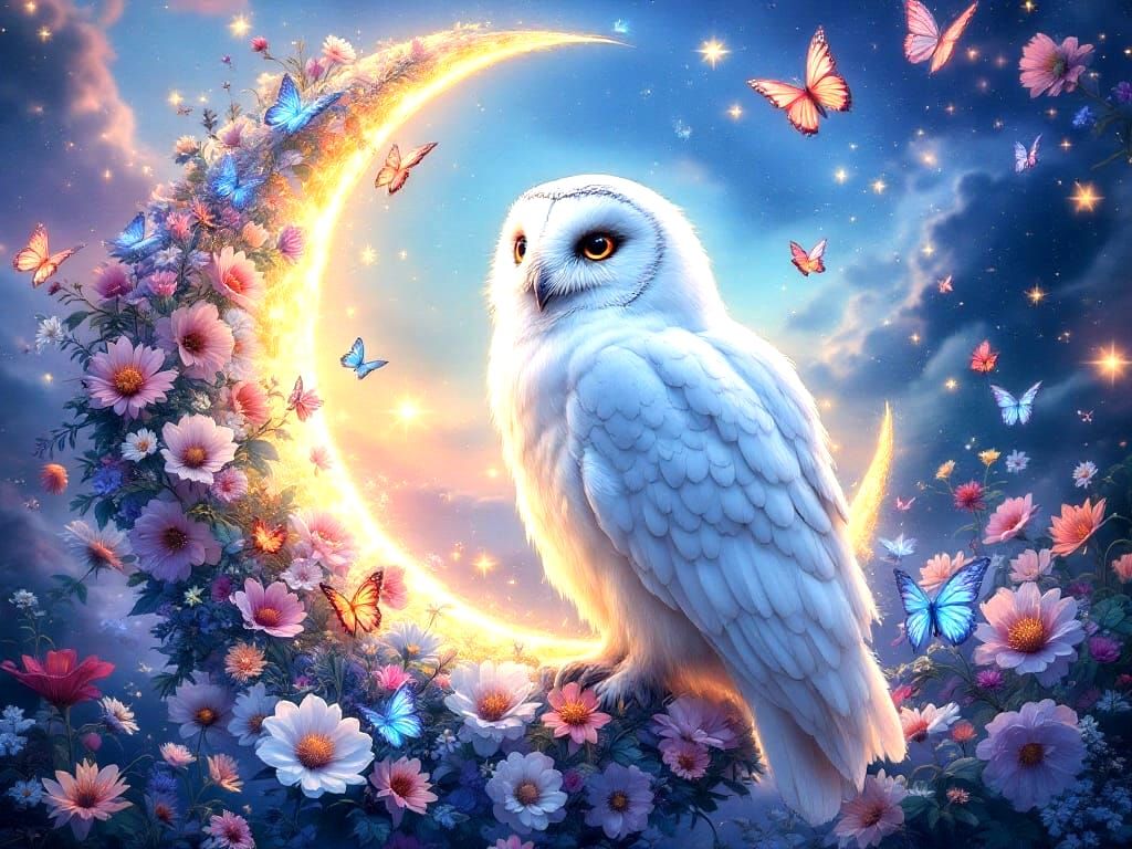 Dreamy Fantasy Scene with a Majestic White Owl Under Glowing...