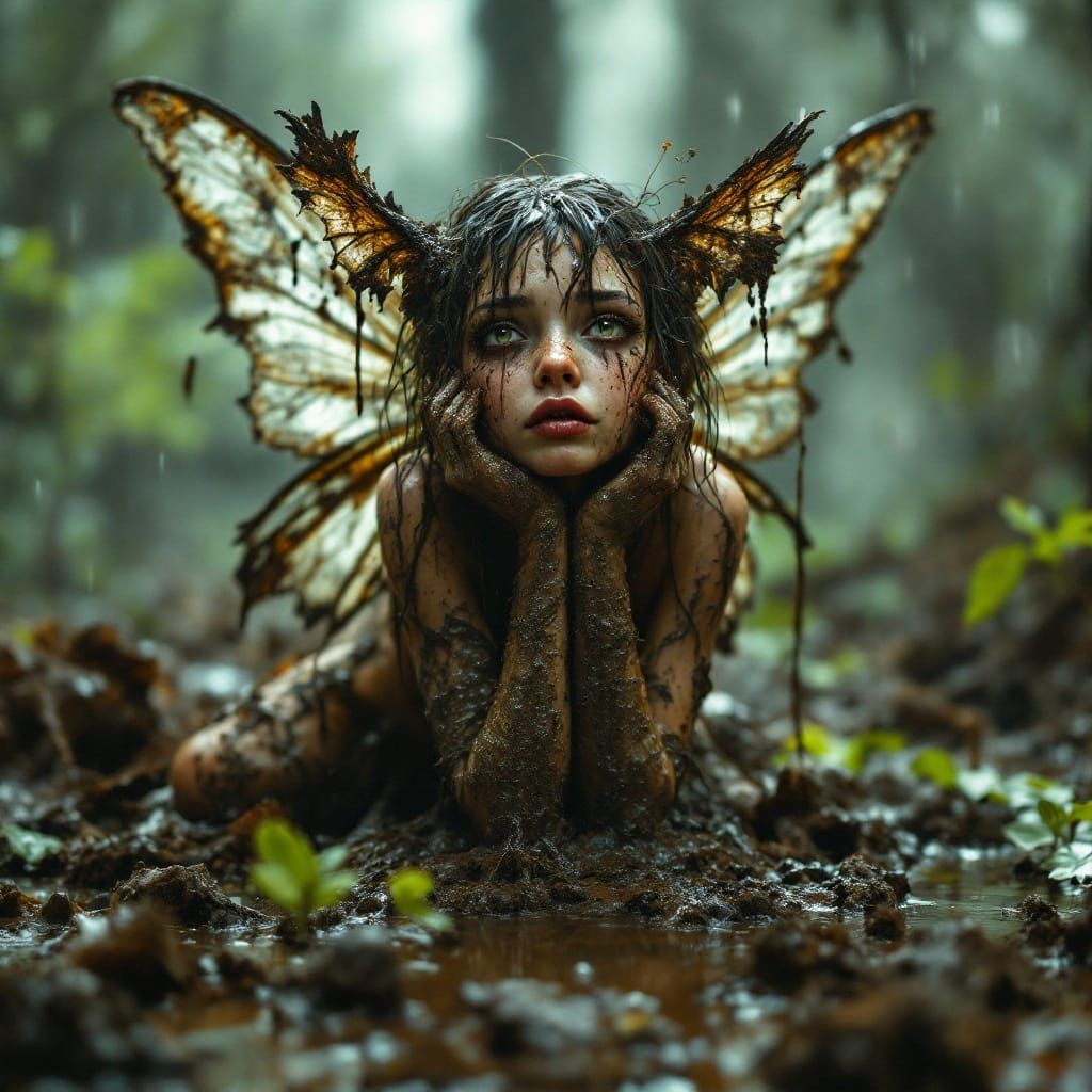 Weary Fairy in Muddy Wasteland, Photorealistic