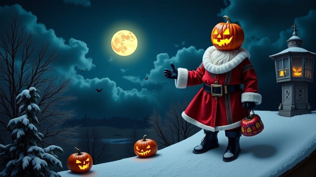Creepy Santa With Jack-o-Lantern Head on Snowy Rooftop