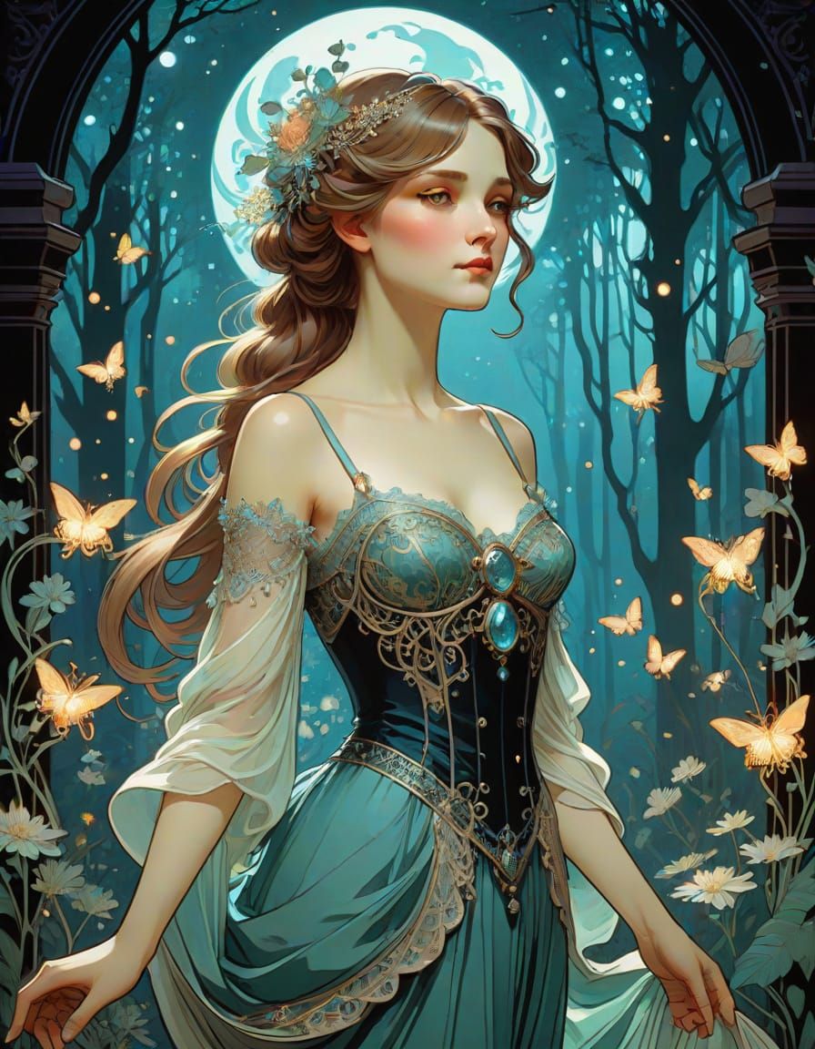 Elegant Victorian Lady in Bioluminescent Art Nouveau Forest