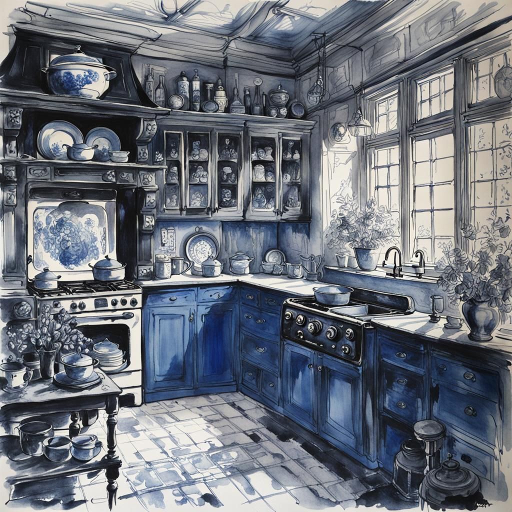 Monochromatic Kitchen in Ink Wash Style