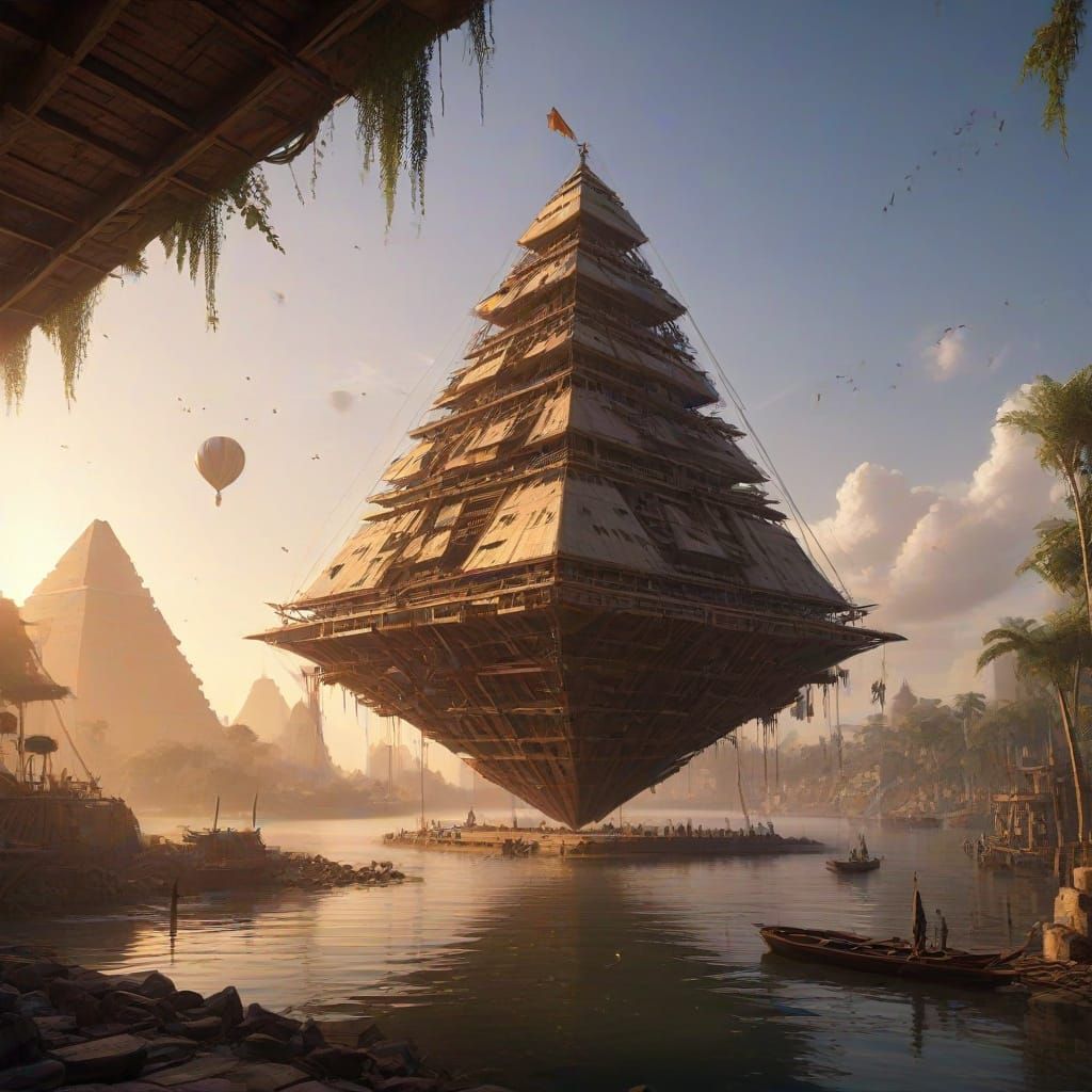 Massive Steampunk Pyramid Construction Site Under Golden Hou...