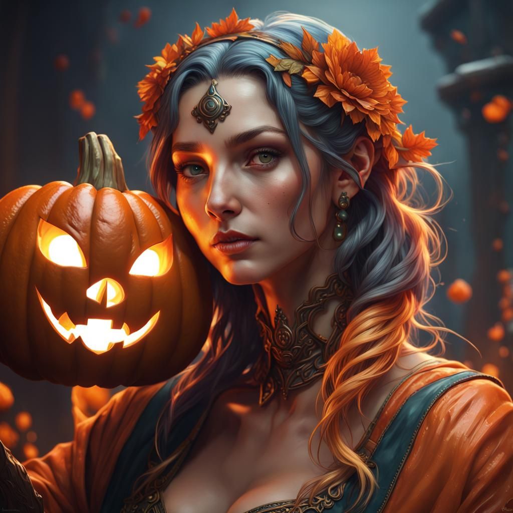 Hyperdetailed Jack O'Lantern Portrait in Art Nouveau Style