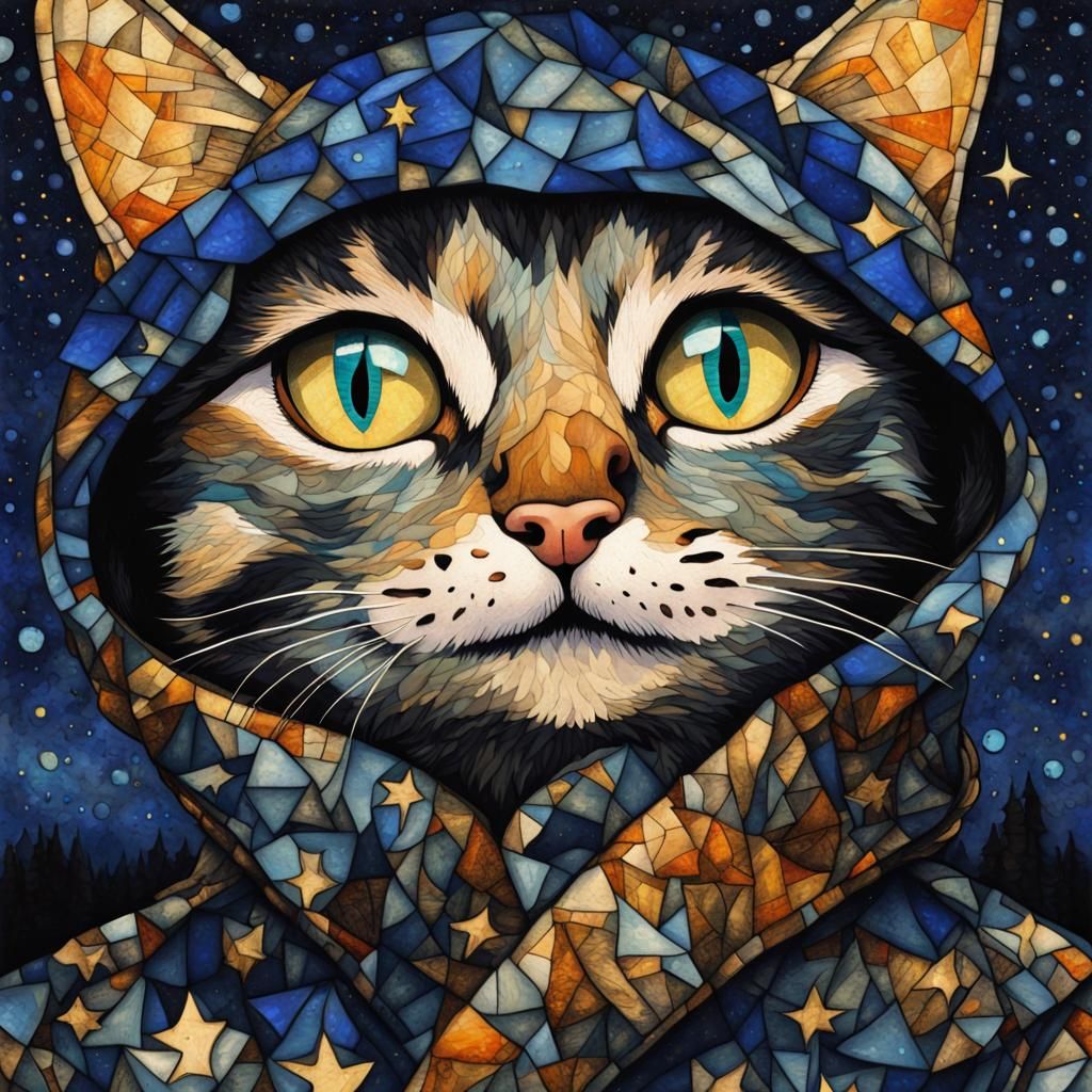 an adorable tabby cat dressed in a patched coat, dark starry...