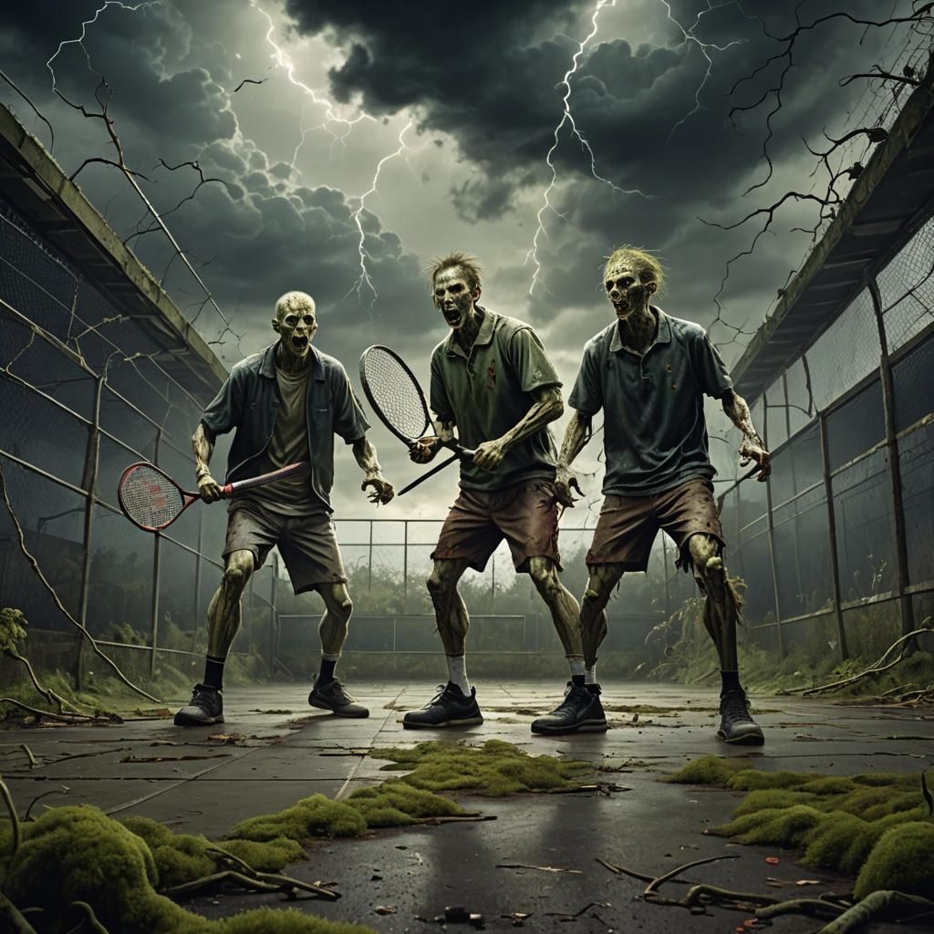 Zombies Play Tennis in Ruined Court, Dark Fantasy