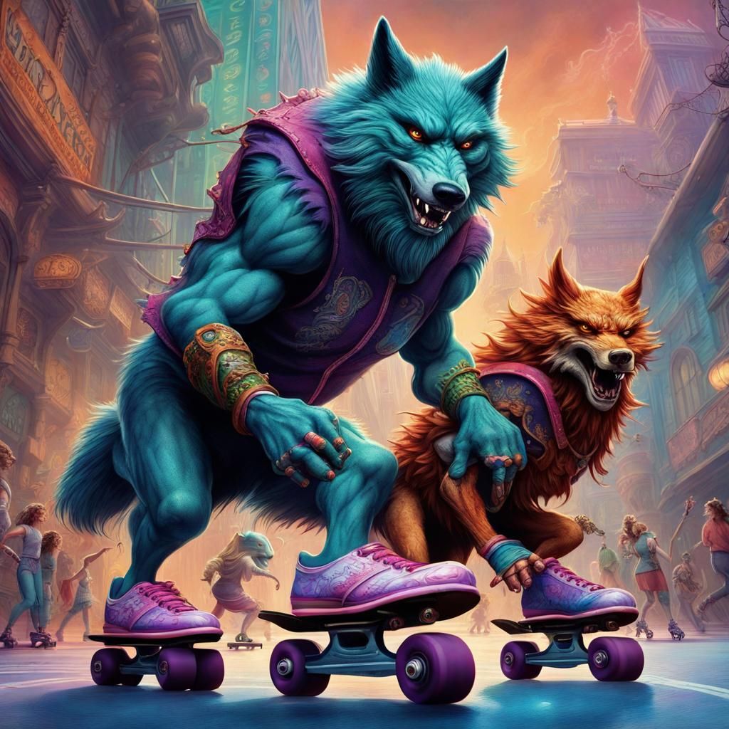Wolves and Dragon Skate Dancing in Fantasy Art