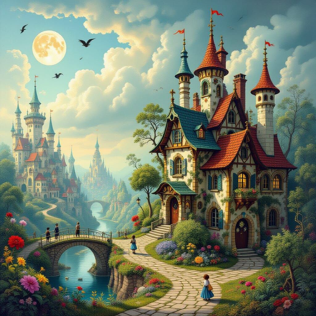 Surreal Fantasy Landscape with Bizarre Architecture and Crea...