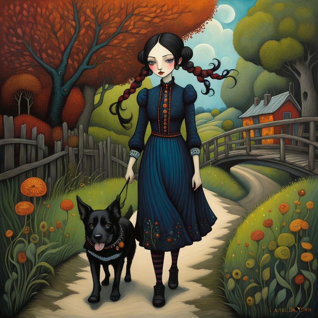 Girl and Dog in Whimsical Surreal Village Illustration